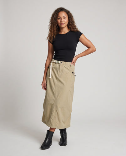 Damen Utility-Midirock mit elastischem Bund, Außengürtel und seitlichen Kordelzügen Nord Taschen
