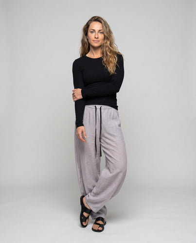 Damen Weite Leinenhose mit elastischem Tunnelzugbund und langen Kordeln Nord Taschen