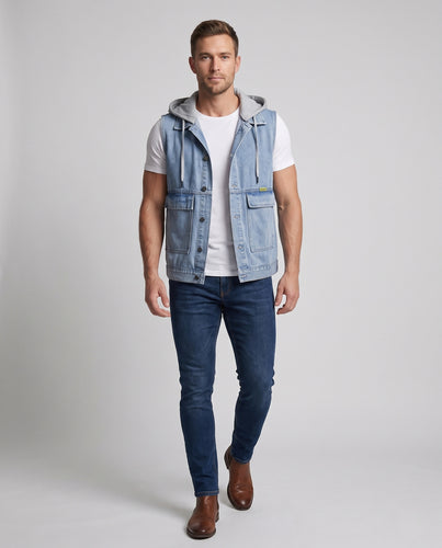 Herren Ärmellose Jeansweste mit Jersey-gefütterter Kapuze und aufgesetzten Utility-Taschen Nord Taschen