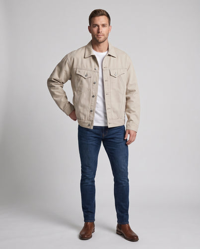 Herren Boxy-Denimjacke mit Druckknopfleiste, überschnittener Schulter und aufgesetzten Brustklappen Nord Taschen