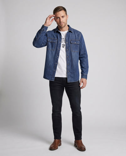 Herren Denim-Hemd im Overshirt-Look mit Brustklappen, Kontrastnähten und geradem Schnitt Nord Taschen