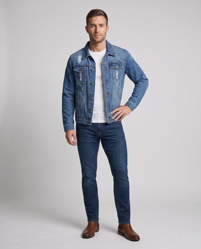 Herren Denim-Truckerjacke mit leichter Used-Optik und geradem Schnitt Nord Taschen