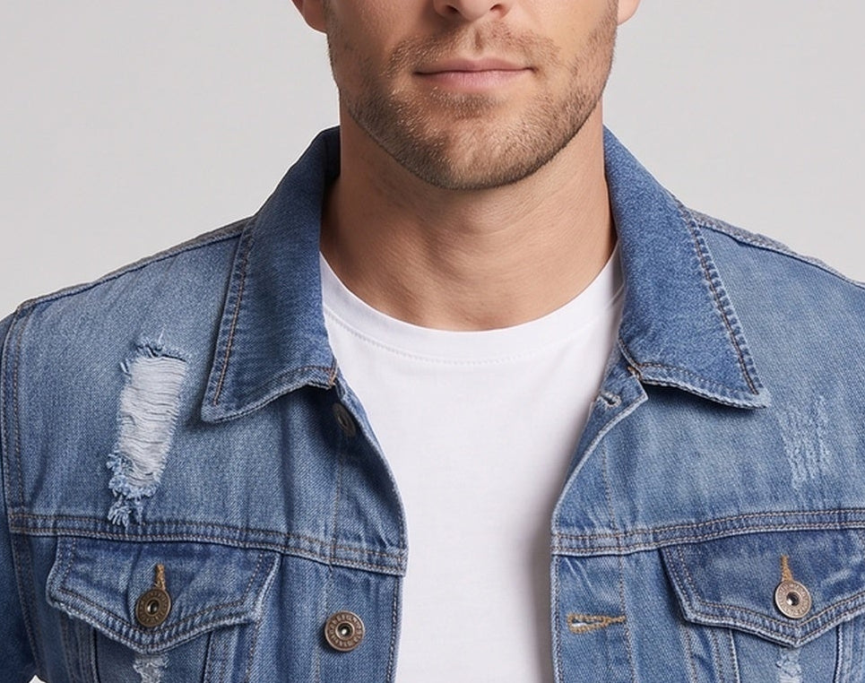 Herren Denim-Truckerjacke mit leichter Used-Optik und geradem Schnitt Nord Taschen