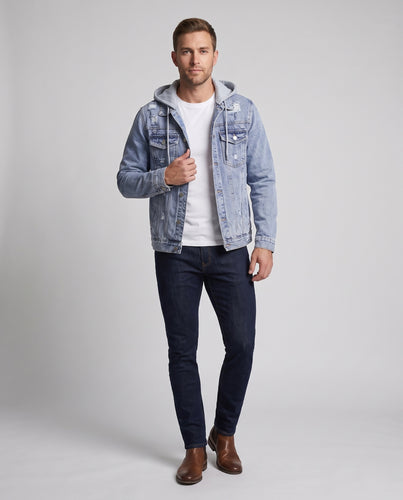 Herren Denim-Workerjacke mit abnehmbarer Jersey-Kapuze, leichtem Destroyed‑Effekt und Regular-Fit Nord Taschen