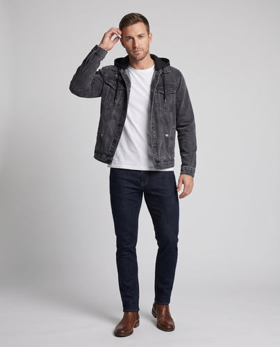 Herren Denimjacke im Layering-Look mit angenähter Jersey-Kapuze, Distressed-Details und geradem Schnitt Nord Taschen