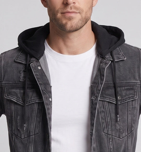 Herren Denimjacke im Layering-Look mit angenähter Jersey-Kapuze, Distressed-Details und geradem Schnitt Nord Taschen