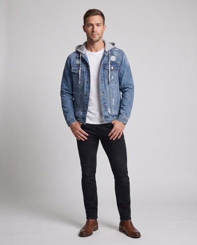 Herren Denimjacke mit angenähter Jersey-Kapuze, leichtem Used‑Effekt und Brusttaschen Nord Taschen