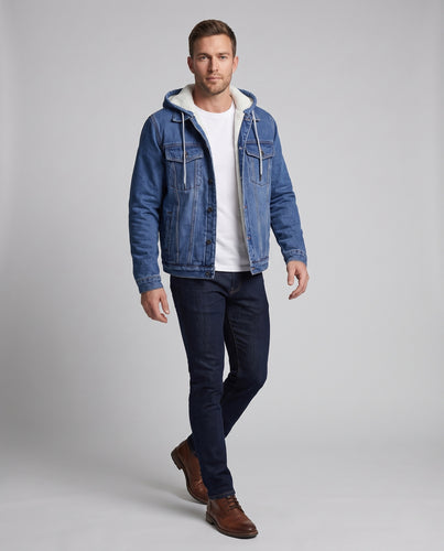 Herren Gefütterte Denim‑Truckerjacke mit Teddyfutter und angesetzter Kapuze Nord Taschen