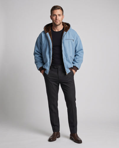 Herren Gefütterte Oversized-Denim-Hoodiejacke mit Teddyfutter und Rippbündchen Nord Taschen