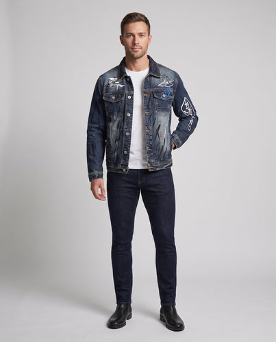 Herren Graffiti-Print Denimjacke im Trucker-Schnitt mit Used-Effekt Nord Taschen