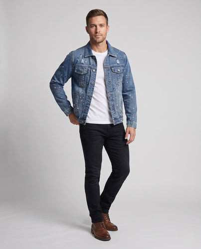 Herren Jeansjacke im Used-Look mit Paint‑Splatter, Destroyed‑Details und klassischem Trucker‑Schnitt Nord Taschen