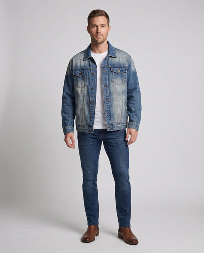 Herren Lässig geschnittene Denim-Workerjacke mit zweifarbiger Waschung und Brustklappen Nord Taschen