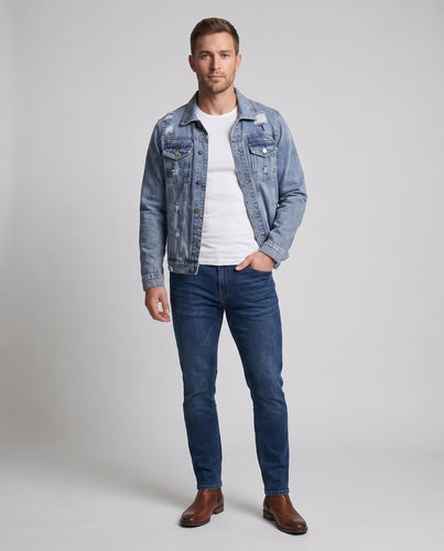 Herren Leichte Ripped-Denimjacke im Trucker-Schnitt mit Brustklappen Nord Taschen