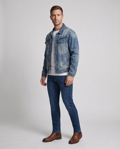 Herren leichte Vintage-Denimjacke im Trucker-Schnitt mit Brustpatten und gerader Passform Nord Taschen