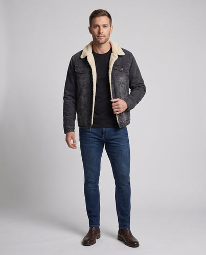 Herren Sherpa-gefütterte Denim-Truckerjacke mit Teddy-Innenfutter und Brustpatten Nord Taschen