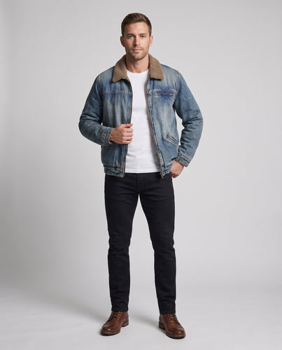 Herren Sherpa-gefütterte Denimjacke im Bomber-Schnitt mit Reißverschluss Nord Taschen