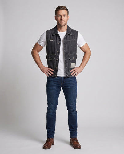 Herren Utility-Denimweste mit aufgesetzten Taschen und Vintage-Waschung Nord Taschen