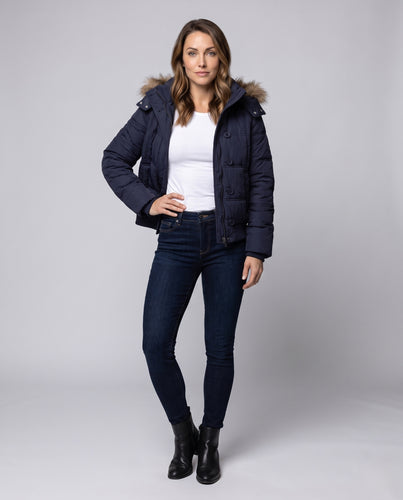 Damen Kurzpufferjacke mit abnehmbarer Kapuze, Kunstfellblende & zweifach Reißverschluss Nord Taschen