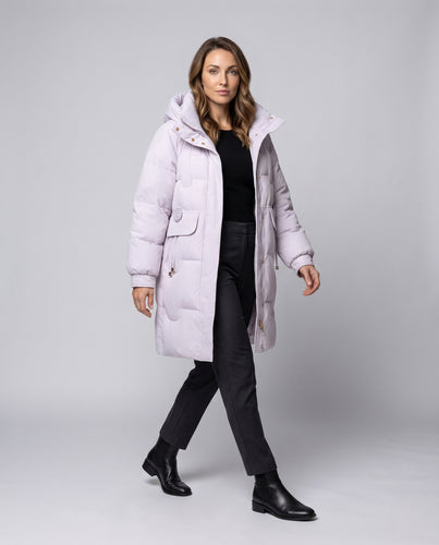 Damen Lang geschnittener Thermo-Parka mit Kapuze, Taillen-Tunnelzug & dekorativen Druckknöpfen Nord Taschen