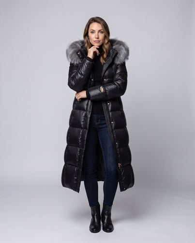 Damen Lang geschnittener Thermo-Steppmantel mit kunstfellbesetzter Kapuze, Kassettensteppung & Zwei-Wege-Reißverschluss Nord Taschen
