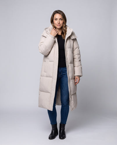 Damen Lange Oversize-Pufferjacke mit Kapuze, hohem Stehkragen und Thermowattierung Nord Taschen