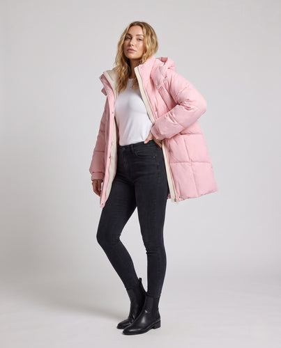Damen Longline Wattierte Steppjacke mit Kapuze, hohem Stehkragen & kontrastierter Futterkante Nord Taschen