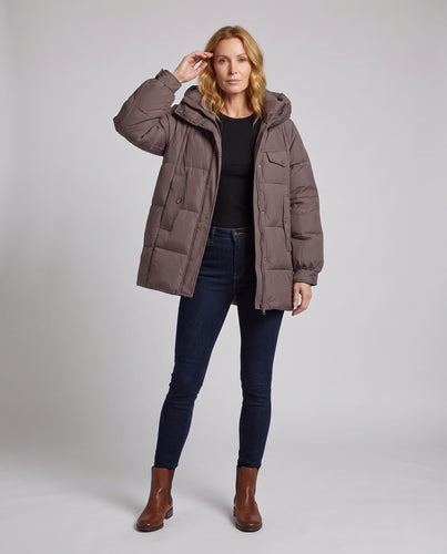Damen Oversize Longline Steppparka mit abnehmbarer Kapuze, hohem Stehkragen & Pattentaschen Nord Taschen