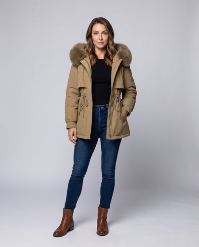 Damen Taillierter Kapuzen-Parka mit Kunstfellkragen & Kordelzug-Taille Nord Taschen