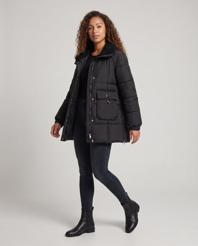 Damen Wattierter Steppmantel mit Teddykragen, Two‑Way‑Reißverschluss & Klappentaschen Nord Taschen