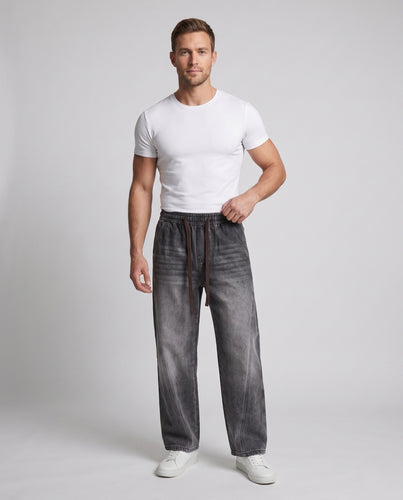 Herren weite Stonewash-Denimhose mit Kordelzug und Kontrastnähten Nord Taschen