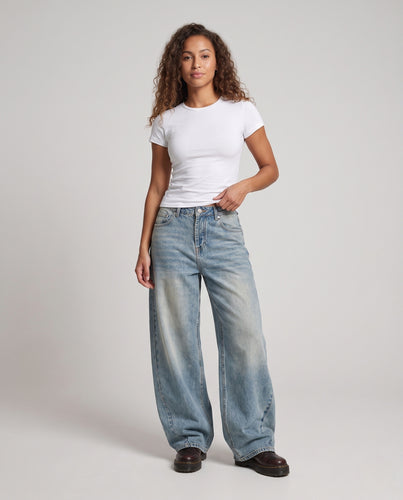 Damen Bodenlange Baggy-Jeans im Palazzoschnitt mit tiefer Leibhöhe Nord Taschen