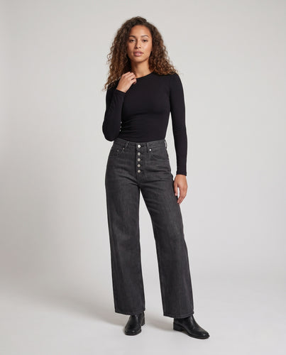 Damen Extraweite High-Waist-Baggy-Jeans mit sichtbarer Knopfleiste und bodenlangem Saum Nord Taschen