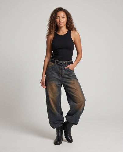 Damen Extraweite Palazzodenim-Jeans mit tiefem Schritt, Vintage-Fade und bodenlangem Saum Nord Taschen