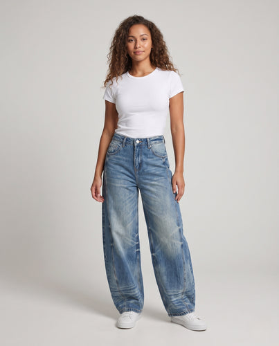 Damen Ultraweite Denim-Palazzo-Hose mit ballonförmigem Bein und Vintage-Waschung Nord Taschen