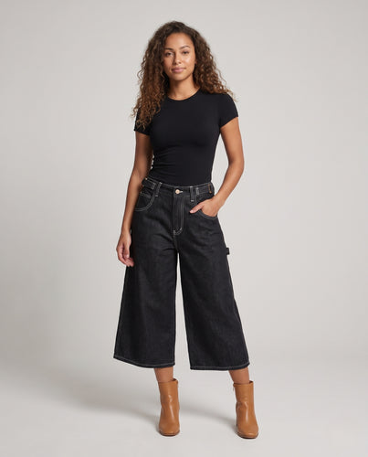 Damen Weite Denim-Culotte im Palazzoschnitt mit hohem Bund und Utility-Details Nord Taschen