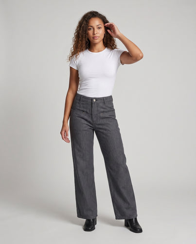 Damen Weite Nadelstreifen-Hose mit hoher Taille und extra weitem Bein Nord Taschen