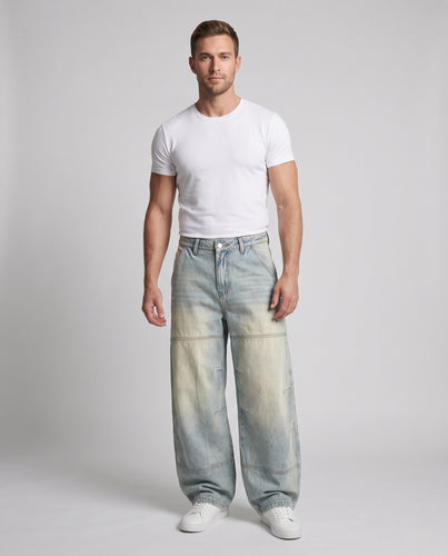 Herren Baggy-Denim-Palazzo mit markanten Teilungsnähten und ausgestelltem Ballonbein Nord Taschen