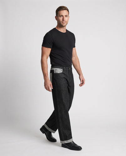 Herren Bodenlange Rohdenim-Palazzo-Jeans mit umgeschlagenem Saum und extra weitem Bein Nord Taschen