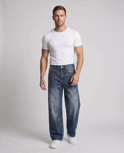 Herren Extraweite Denim-Palazzo-Jeans mit Paneelnähten und verwaschener Used-Optik Nord Taschen