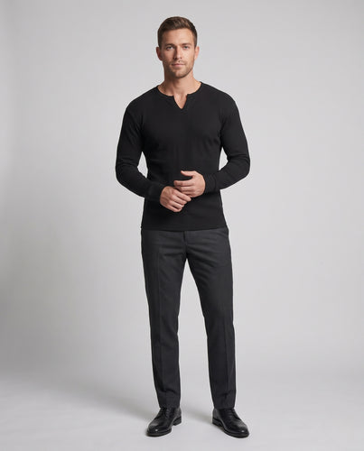 Herren Langarmshirt mit Notch-Ausschnitt und strukturierter Baumwollmischung Nord Taschen