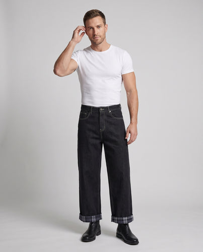 Herren Ultraweite Denim-Palazzo-Jeans mit umgeschlagenem Kariersaum und sichtbaren Kontrastnähten Nord Taschen