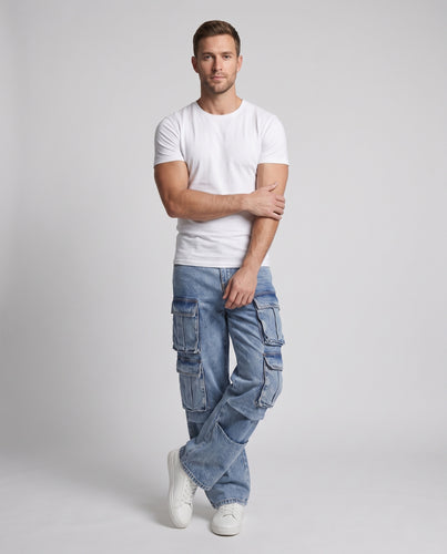 Herren weite Cargo-Denim-Palazzo-Hose mit mehrfachen aufgesetzten Klappentaschen Nord Taschen