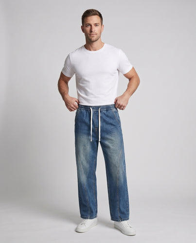Herren Weite Denim-Palazzohose mit geschwungenen Seitennähten und Used-Wash Nord Taschen