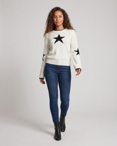 Damen Feinstrickpullover mit Stern‑Jacquard, überschnittener Schulter und elastischem Rippsaum Nord Taschen