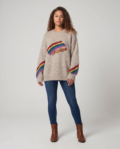 Damen Flauschiger Oversize-Pullover mit Regenbogen-Motiv und Rundhals Nord Taschen