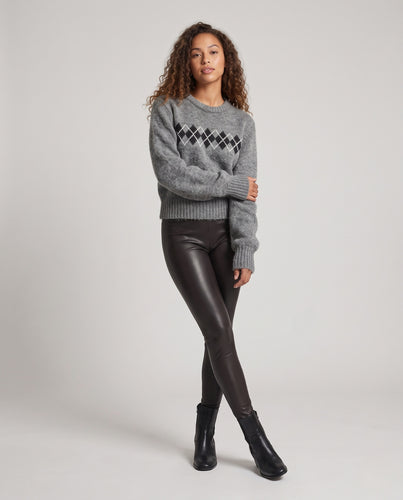 Damen Flauschiger Rautenstrickpullover mit Rundhals und gerippten Bündchen Nord Taschen