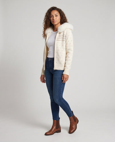 Damen Gefütterte Strickjacke mit Reißverschluss und Kunstfellkapuze Nord Taschen