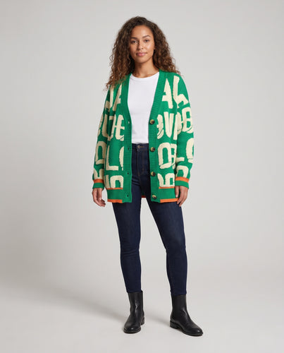 Damen Grobstrick-Cardigan im Lettering-Jacquard mit übergroßer Passform und V-Ausschnitt Nord Taschen