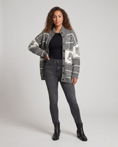 Damen Grobstrick Cardigan mit hohem Kragen und Norwegermuster Nord Taschen