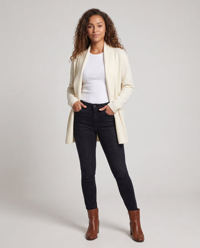 Damen Kragenloser taillierter Strickmantel mit Bindegürtel Nord Taschen